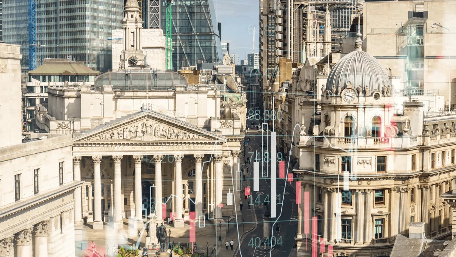 An aerial view of an old European city with neoclassical buildings and modern skyscrapers in the background, overlaid with a transparent financial bar chart showing fluctuating numbers.