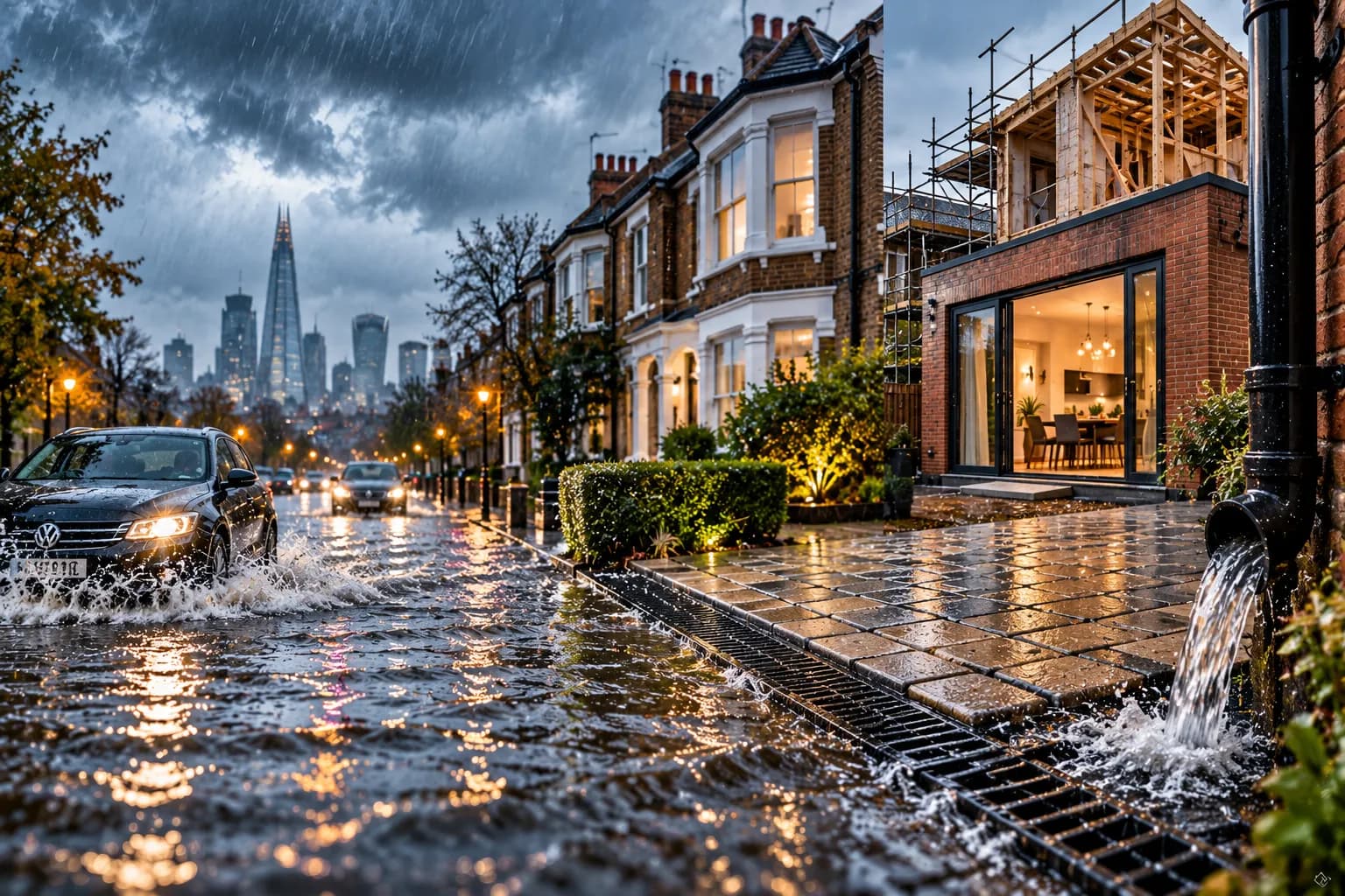 Rain pours on a city street, flooding the road where a black car drives, splashing water, with distant skyscrapers visible under a cloudy sky.